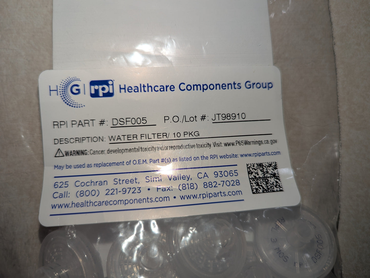 RPI Water Filters - DSF005 (Package of 10)