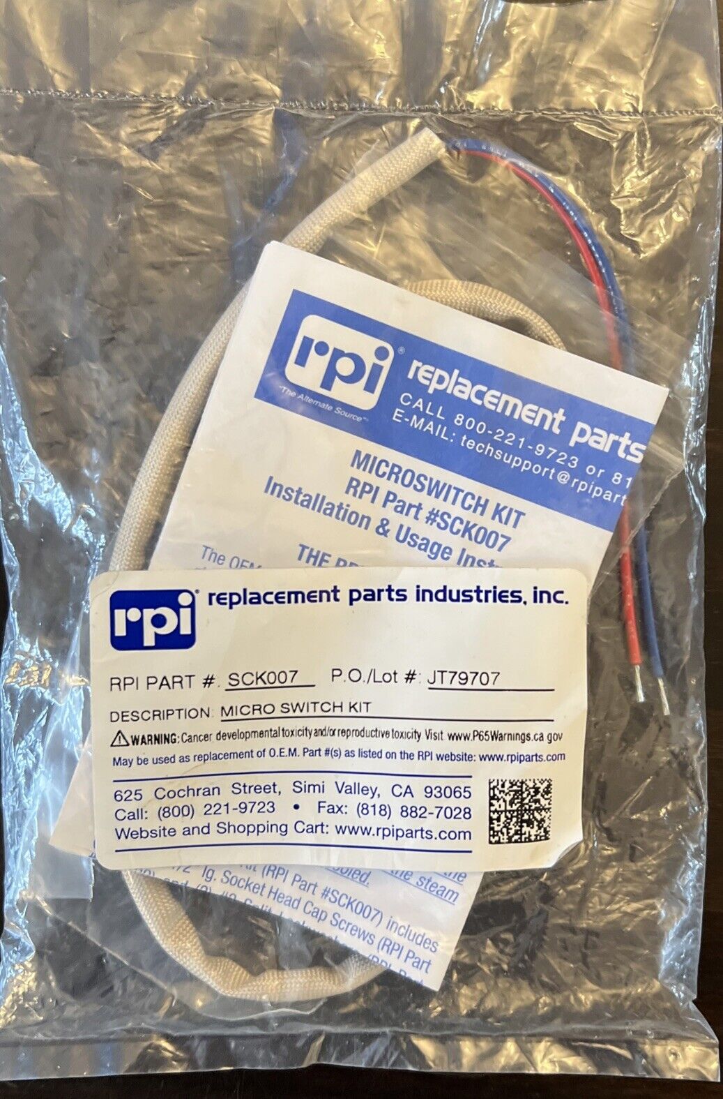 Scican Statim G4 2000 MICROSWITCH KIT RPI Part #SCK007 OEM 01-100571S